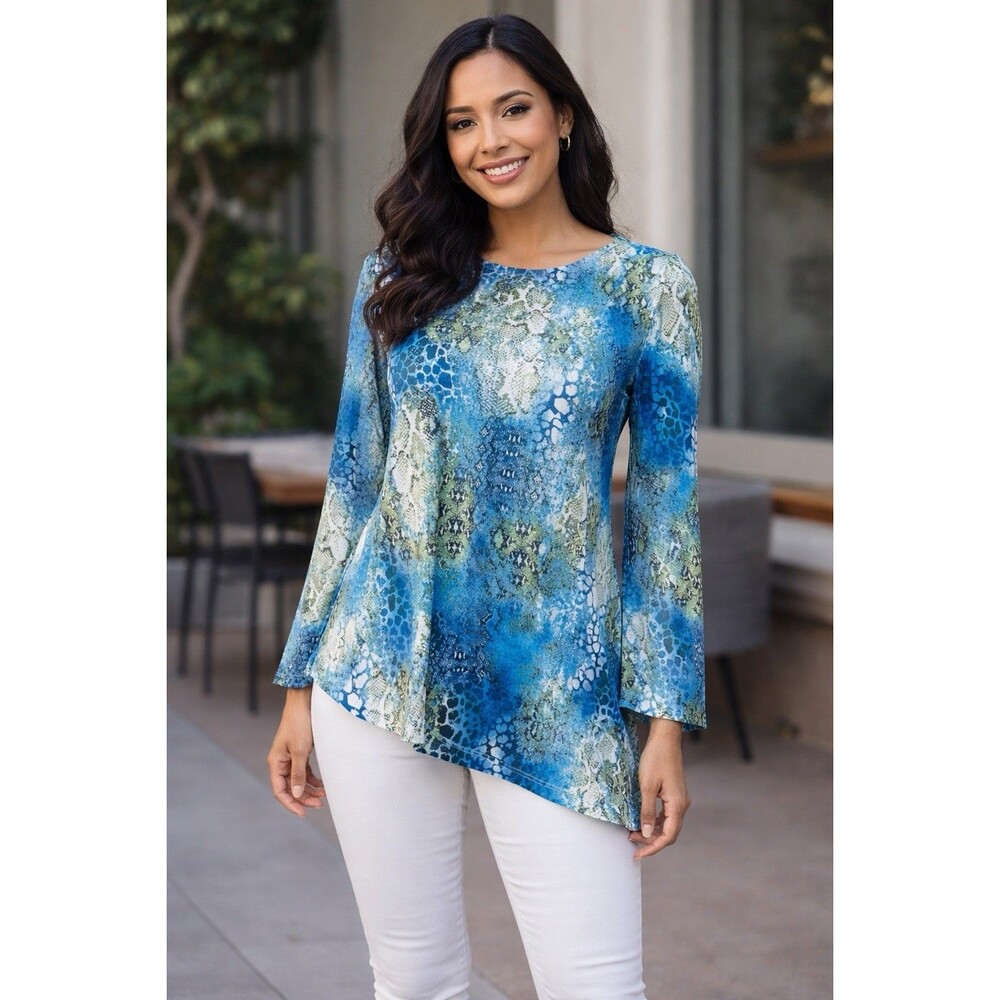 NWTOneWorld Blue Green Python Print BOHO Tunic Blouse Rhinestone Round Neck XS/S